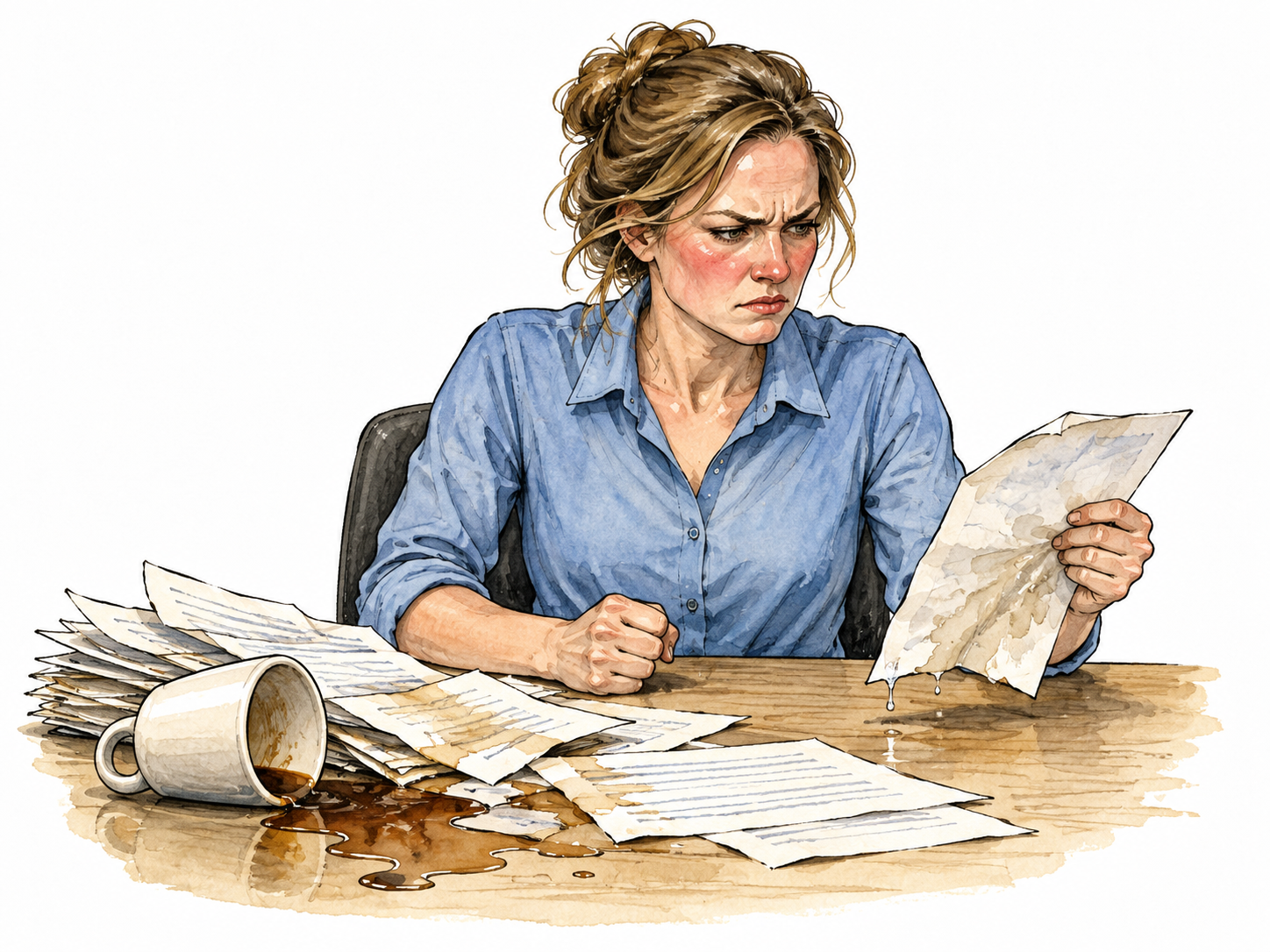 White woman angry at papers damaged by spilled drink.