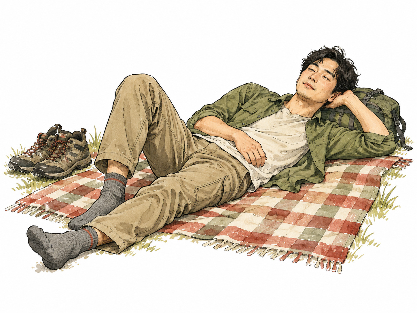 Hiker resting in pleasant tiredness.