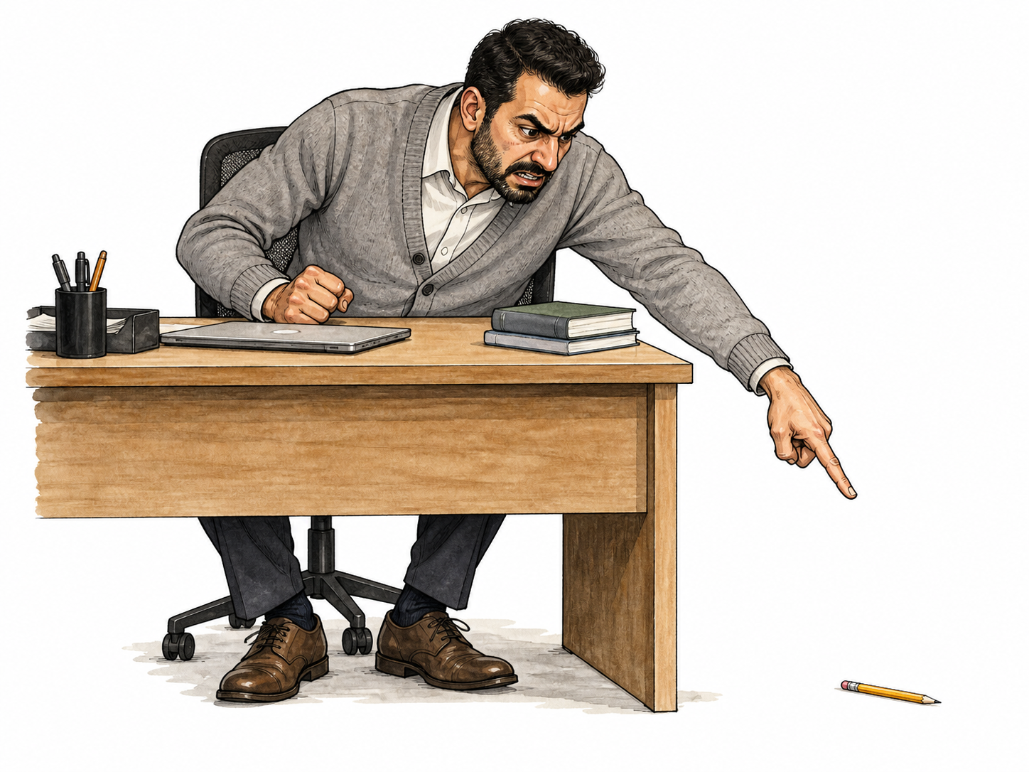 Middle Eastern man irritated by a fallen pencil.