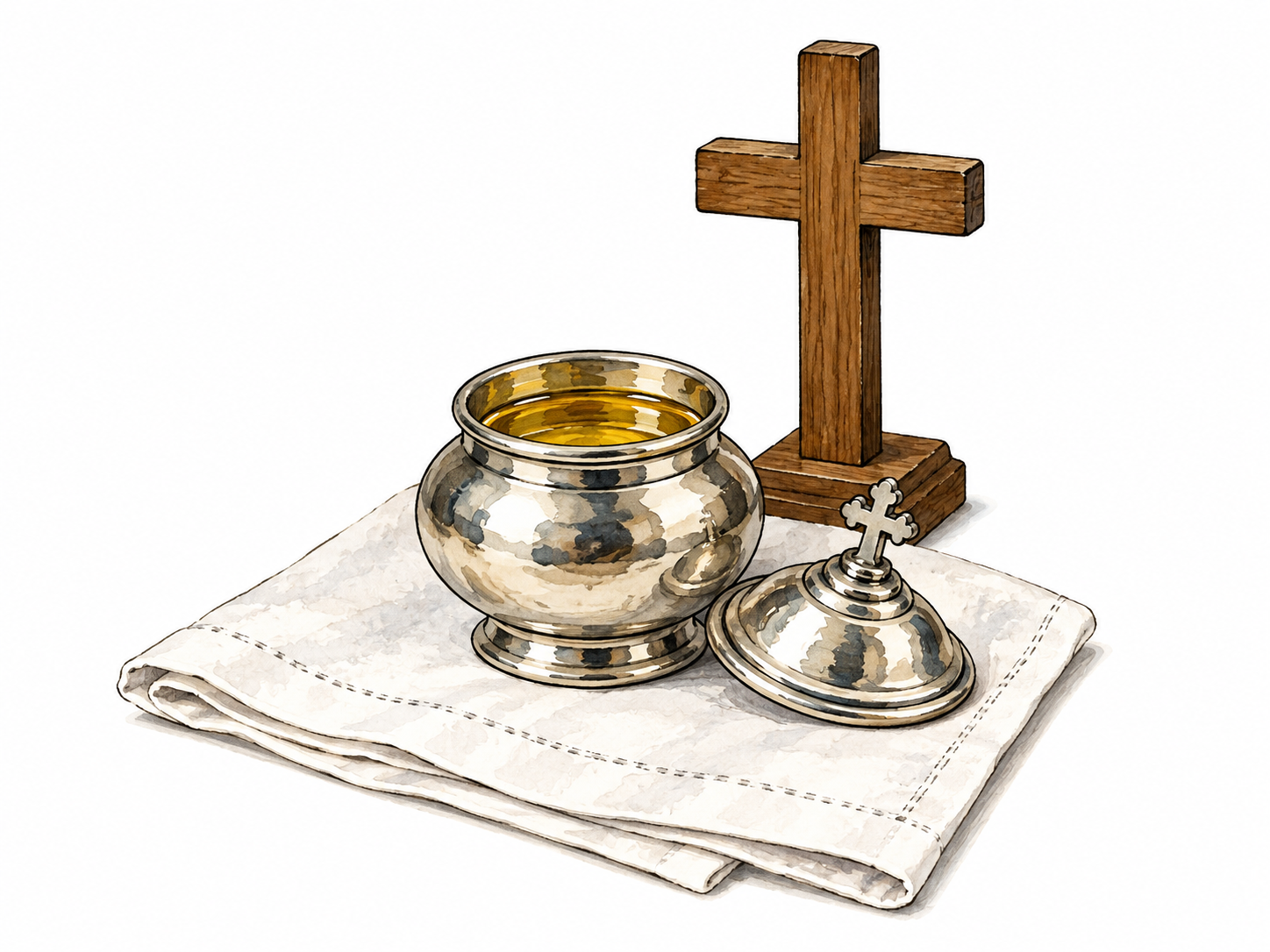 Consecrated oil vessel beside Christian cross.