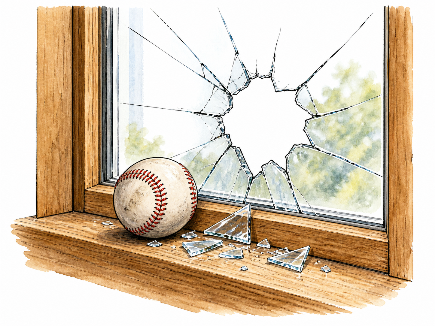 Baseball causes broken window.