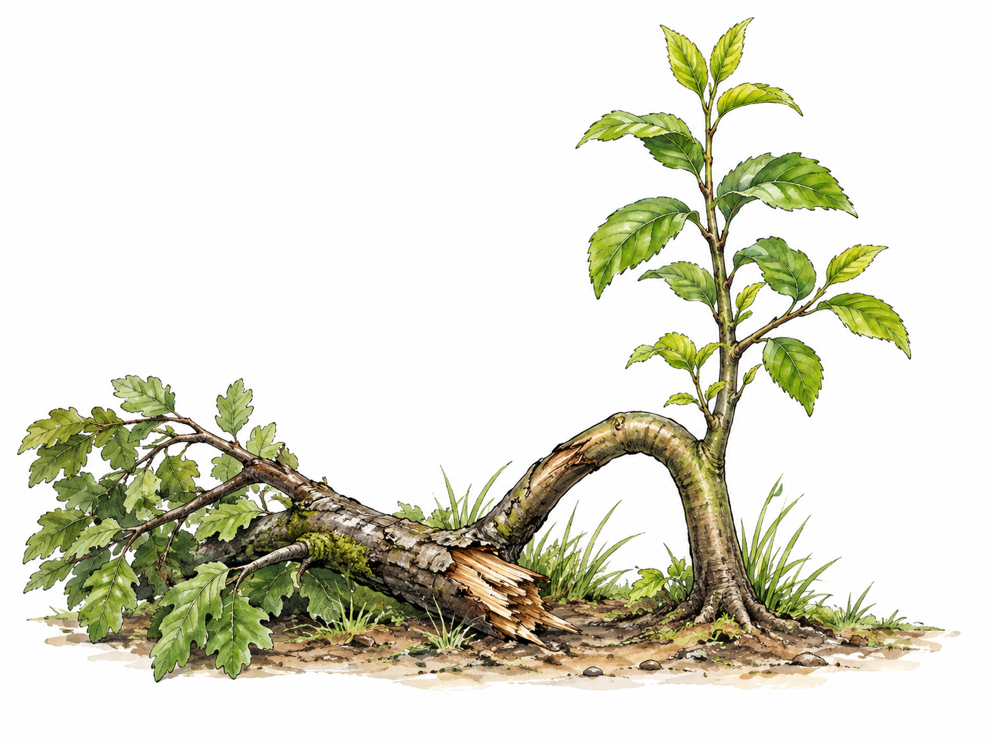 Fresh upright growth from a bent and damaged sapling.