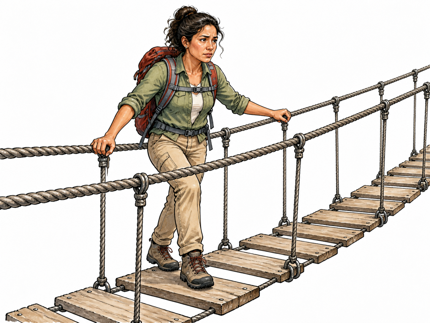 A nervous adult steps carefully onto a safe but high rope bridge, determined face despite fear, secure rails.