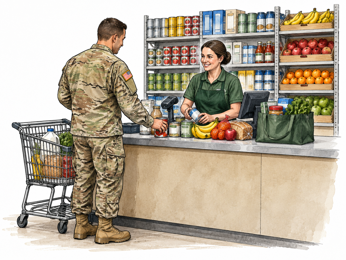 A small military-base grocery counter with neatly shelved tins, fresh fruit and an adult customer buying supplies.