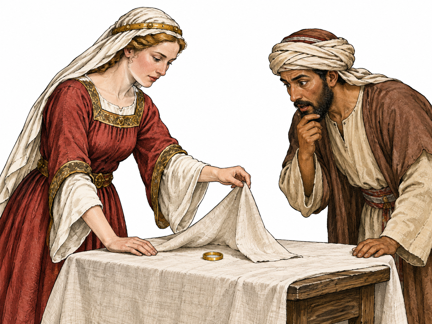 Revealing the actual ring under a cloth.