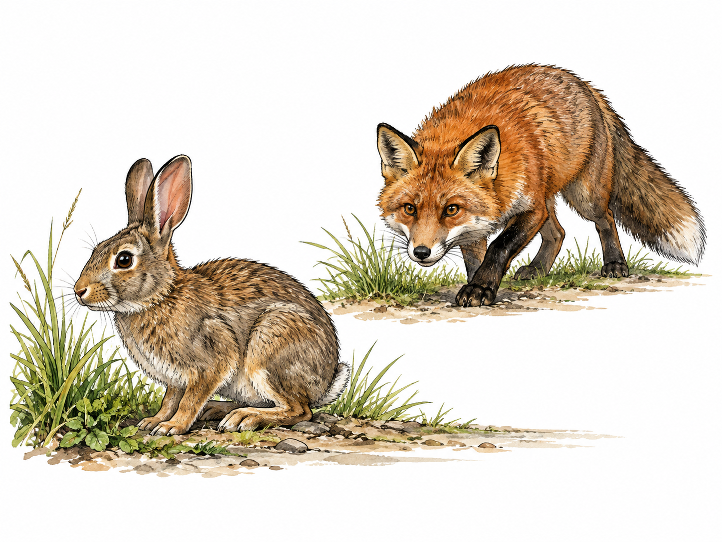 Rabbit is stalked by a fox.