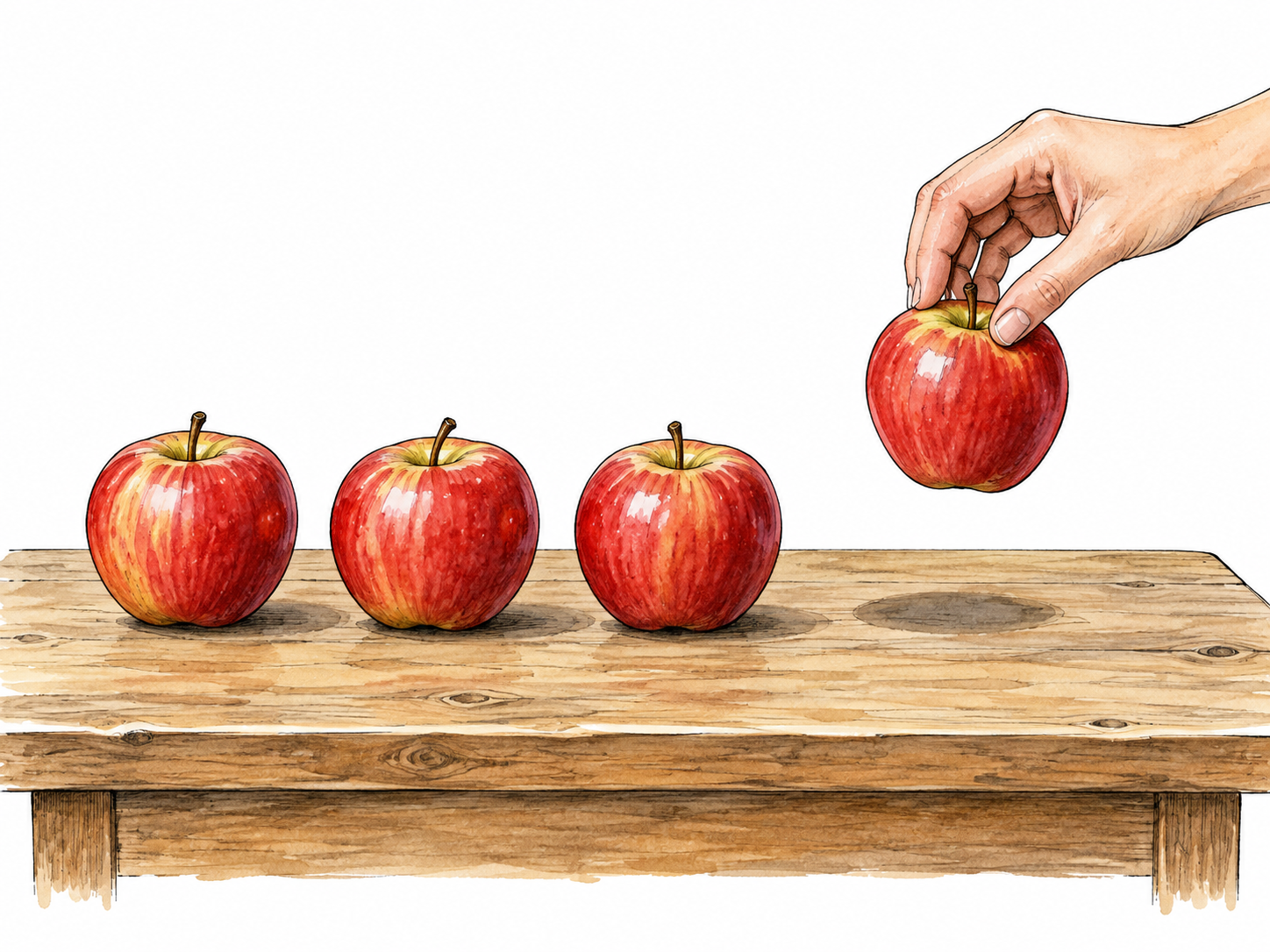 One apple removed from four, leaving three on the table.