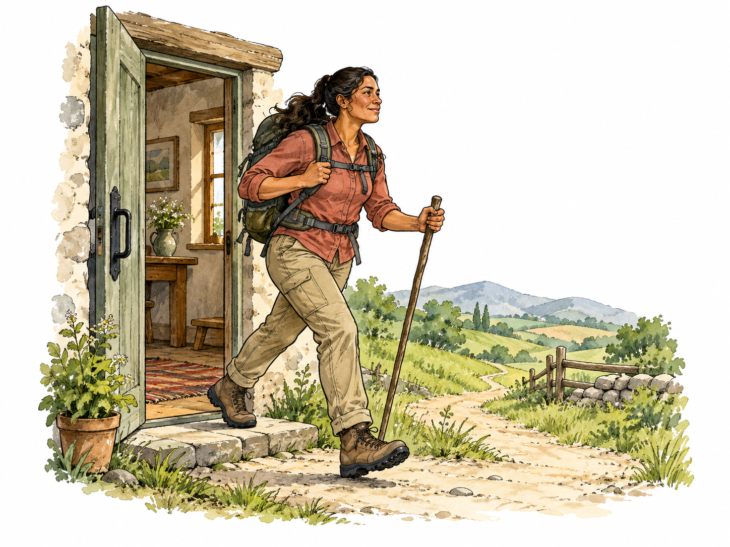 Latina hiker stepping out from a cottage.