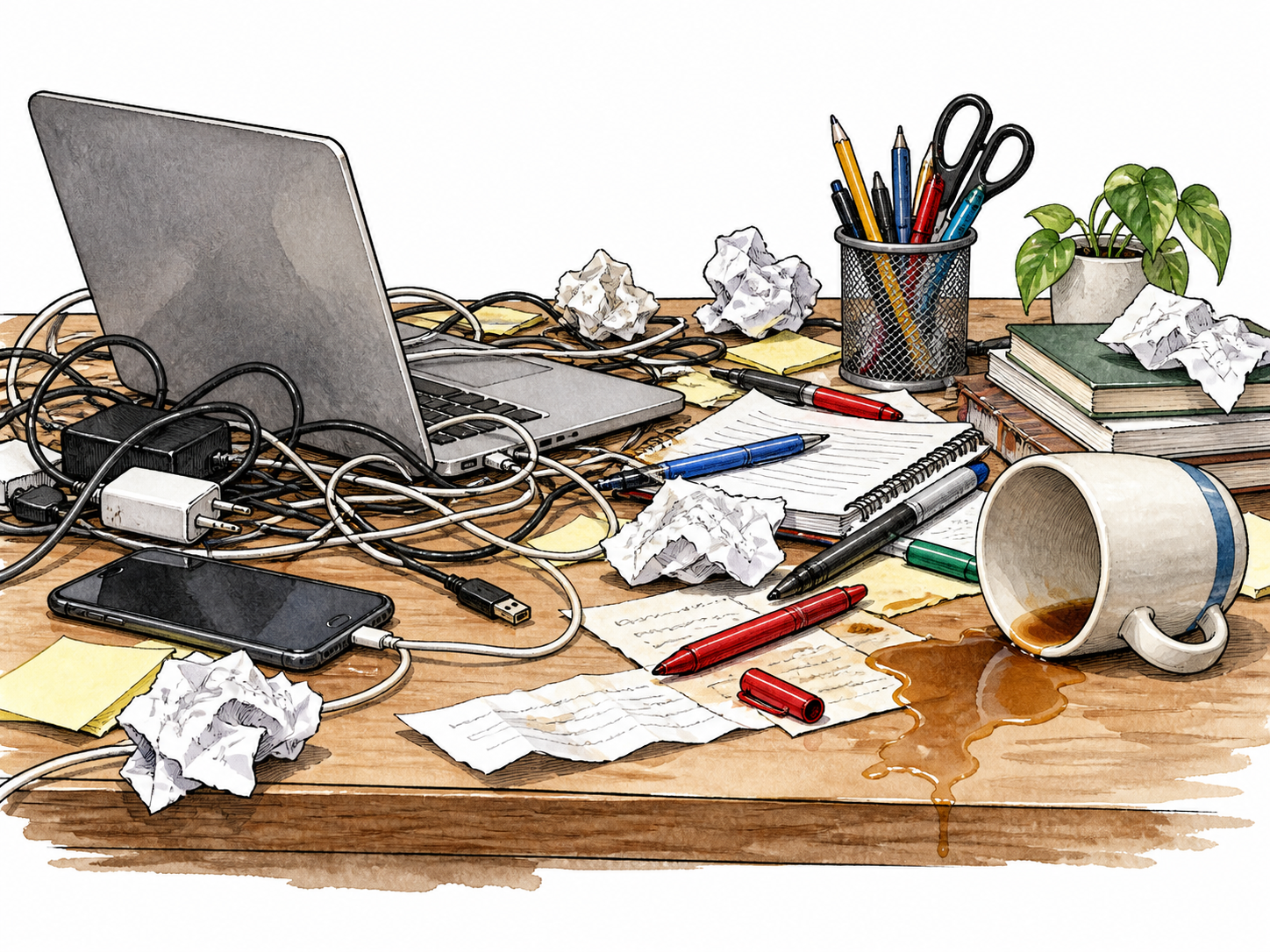 Untidy desktop with tangled cables, spilled pens, crumpled papers and a tipped cup.