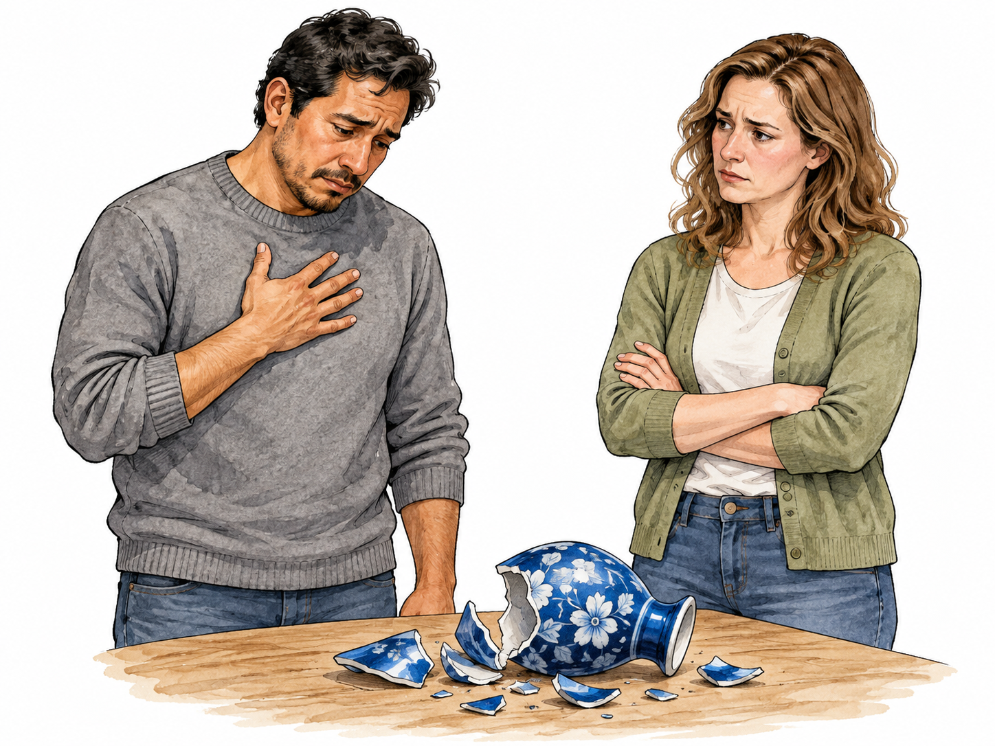 Latino man feeling remorse beside a broken vase and disappointed white woman.