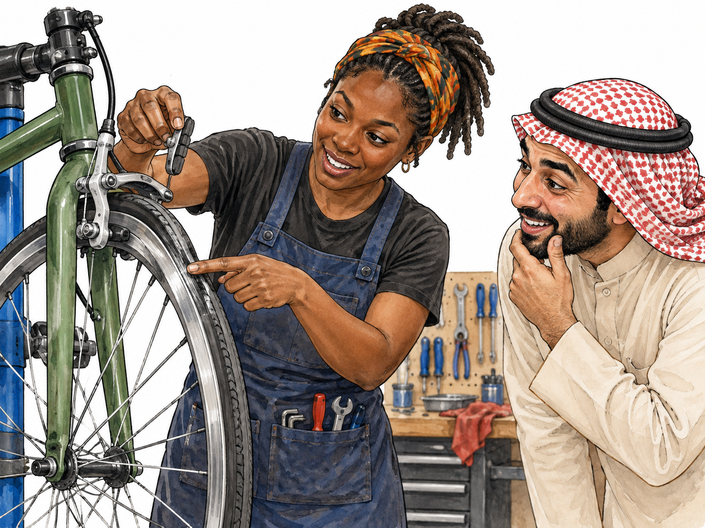 Bicycle mechanic explaining an identifiable brake problem.