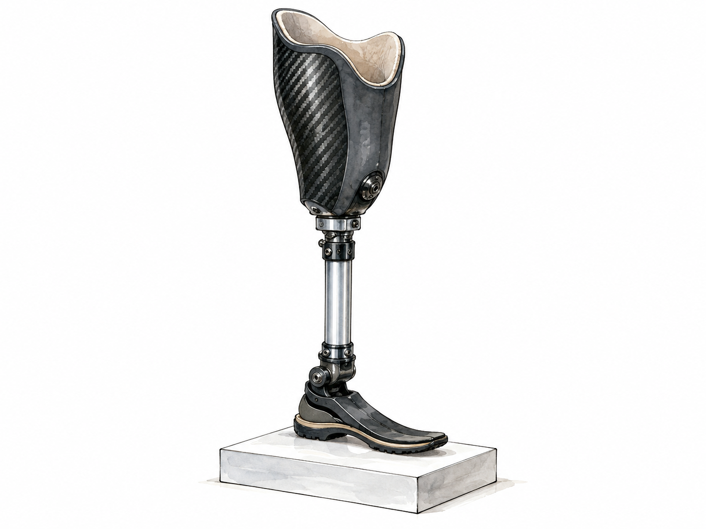 A modern artificial below-knee leg with socket, metal pylon and foot displayed upright on a clean stand.