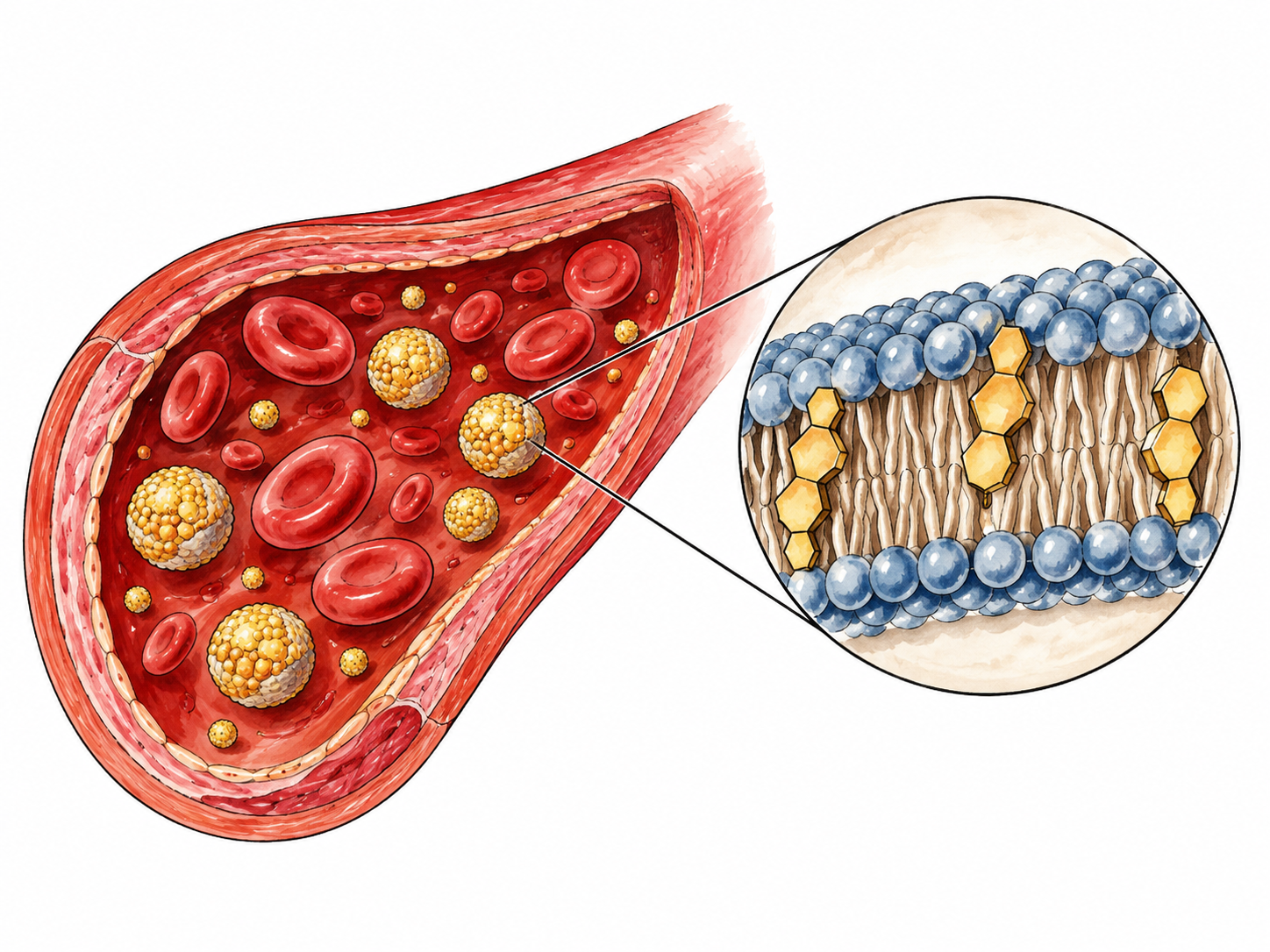Schematic fatty particles in blood and membrane inset.