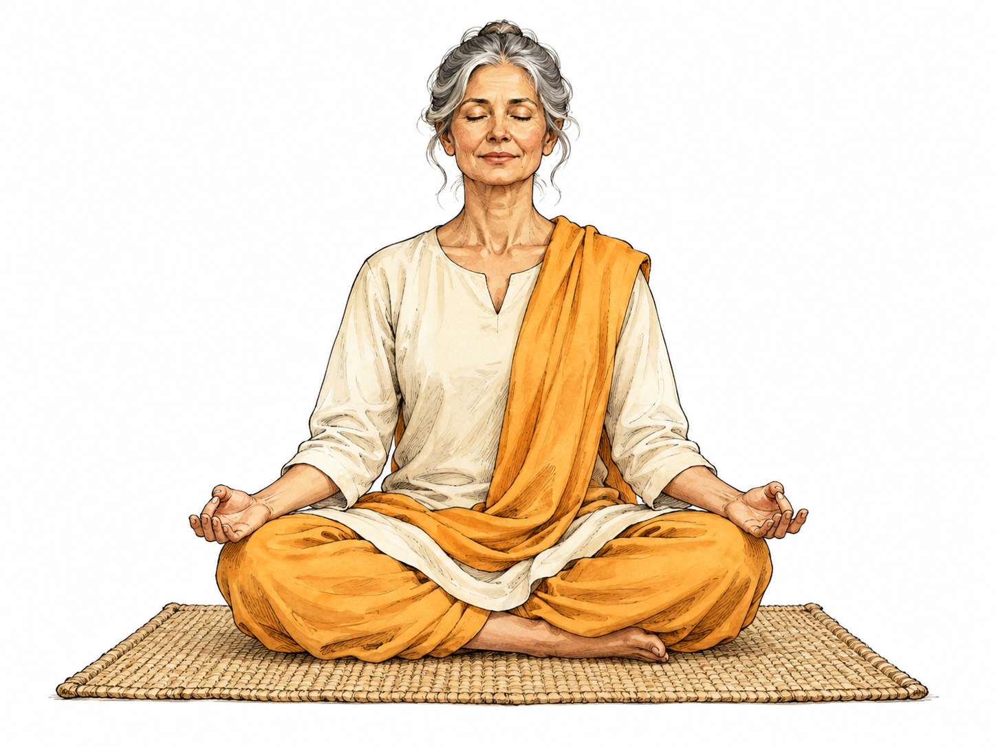 Older practitioner meditates on woven mat.