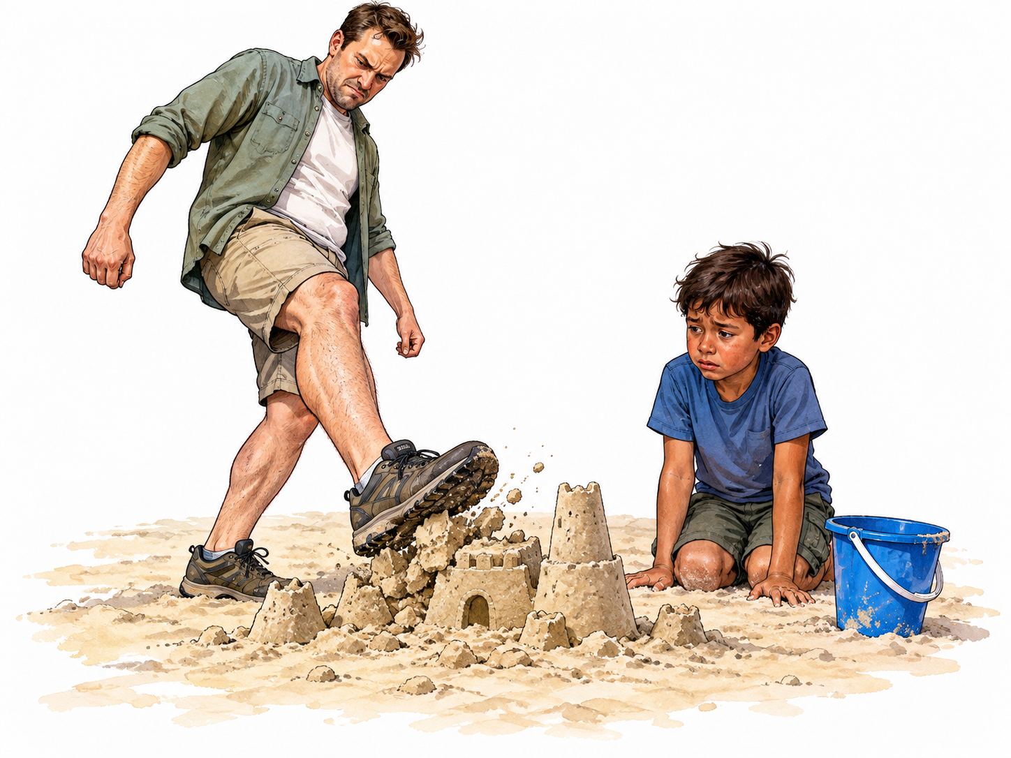 Deliberate destruction of a child's sandcastle.