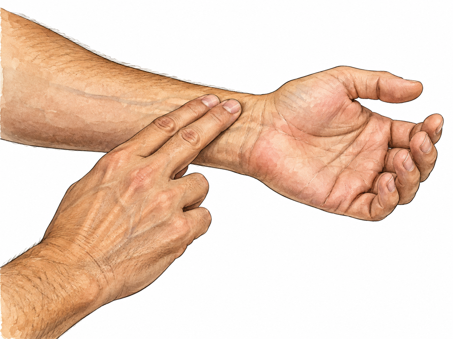 Two fingers feel rhythmic wrist pulse.