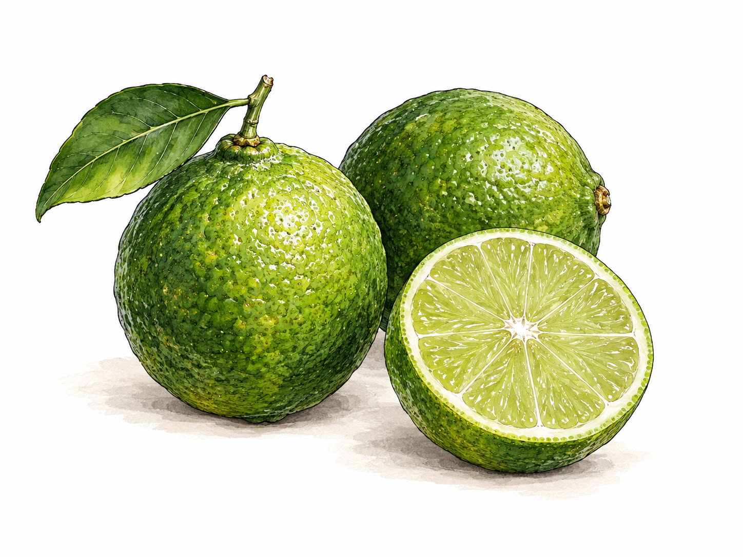 Whole and cut green lime fruit.