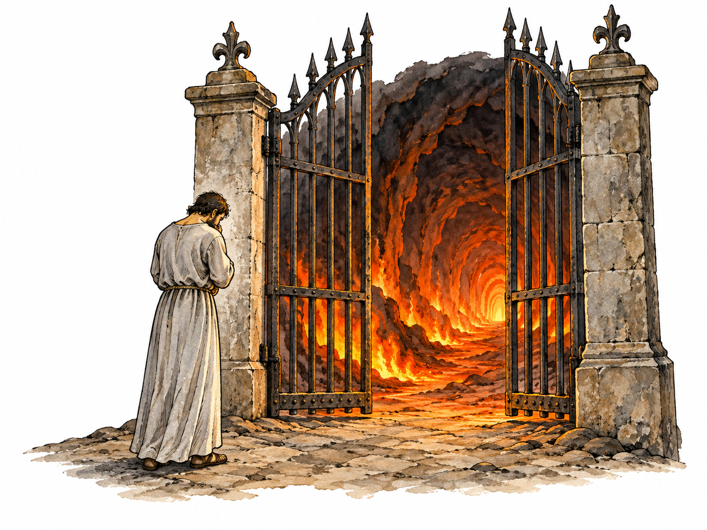 Symbolic soul before gates of eternal punishment.