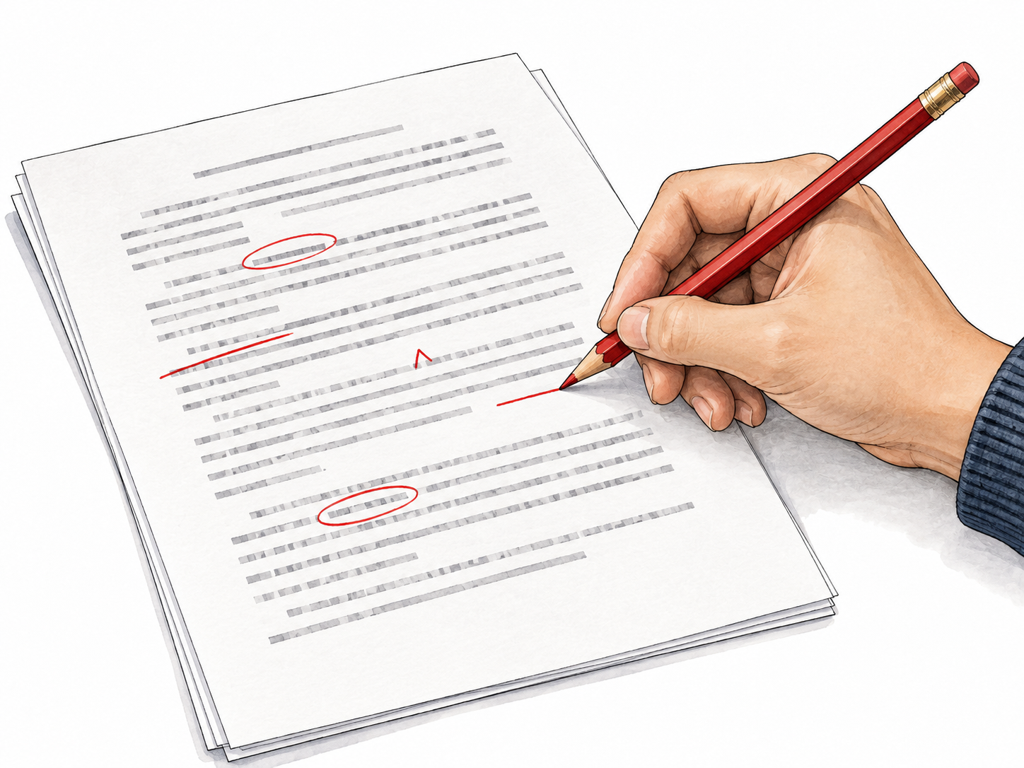 A hand uses a red pencil to revise a printed manuscript with sparse editing marks, no readable paragraph.