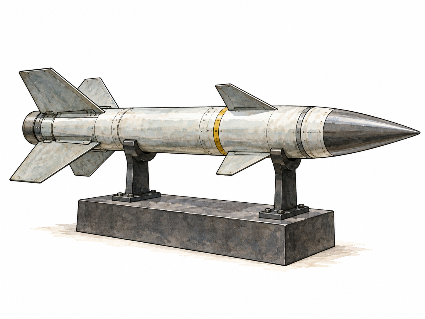 A museum display of a streamlined missile with fins resting on a stand; no explosion, people or diagram internals.