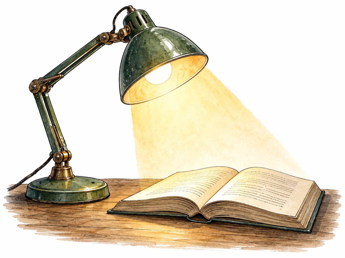 A glowing desk lamp emits a warm cone of light onto a book in a dark-edged vignette.