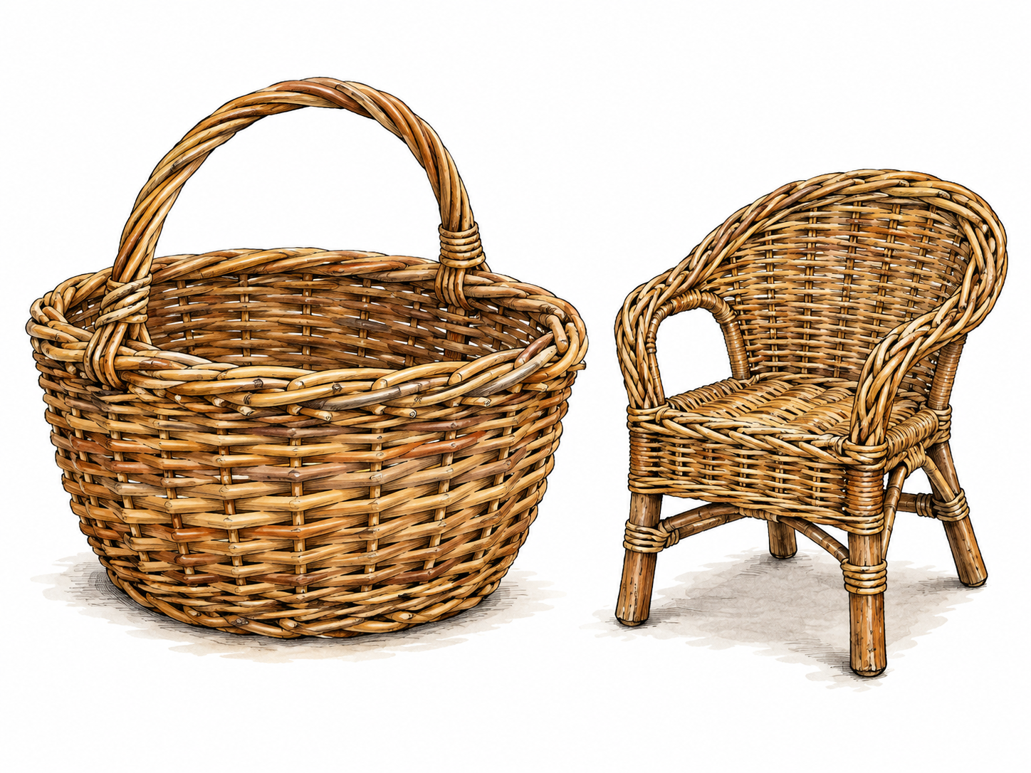 Wicker basket and chair.