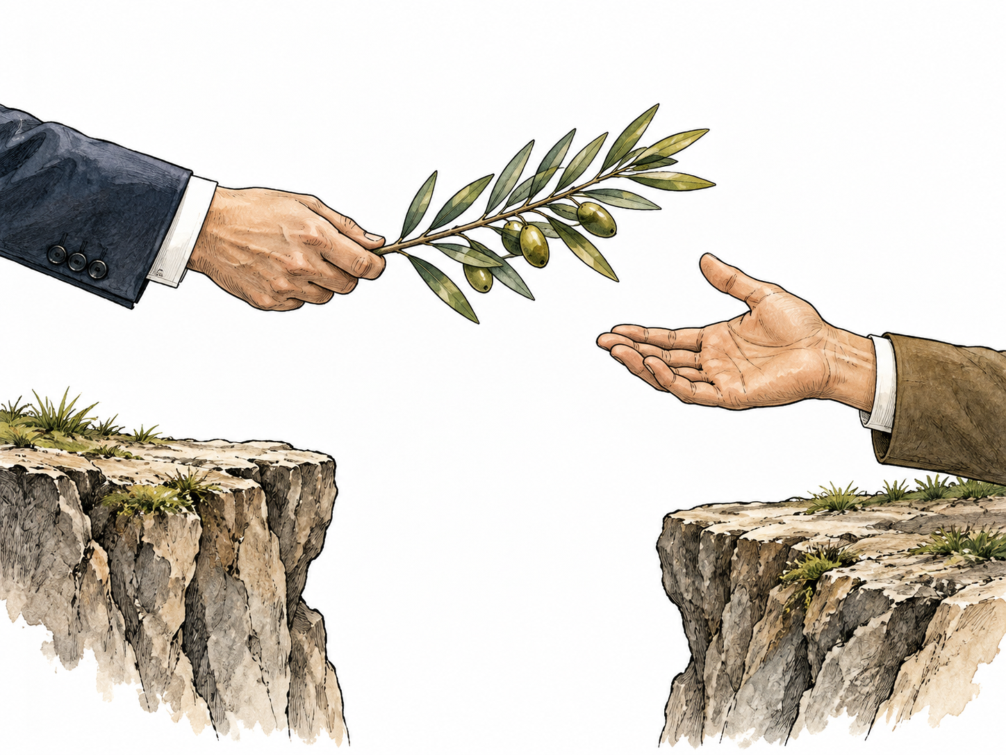A diplomat extends an olive branch across a gap toward another person's open accepting hand, a first peaceful gesture.