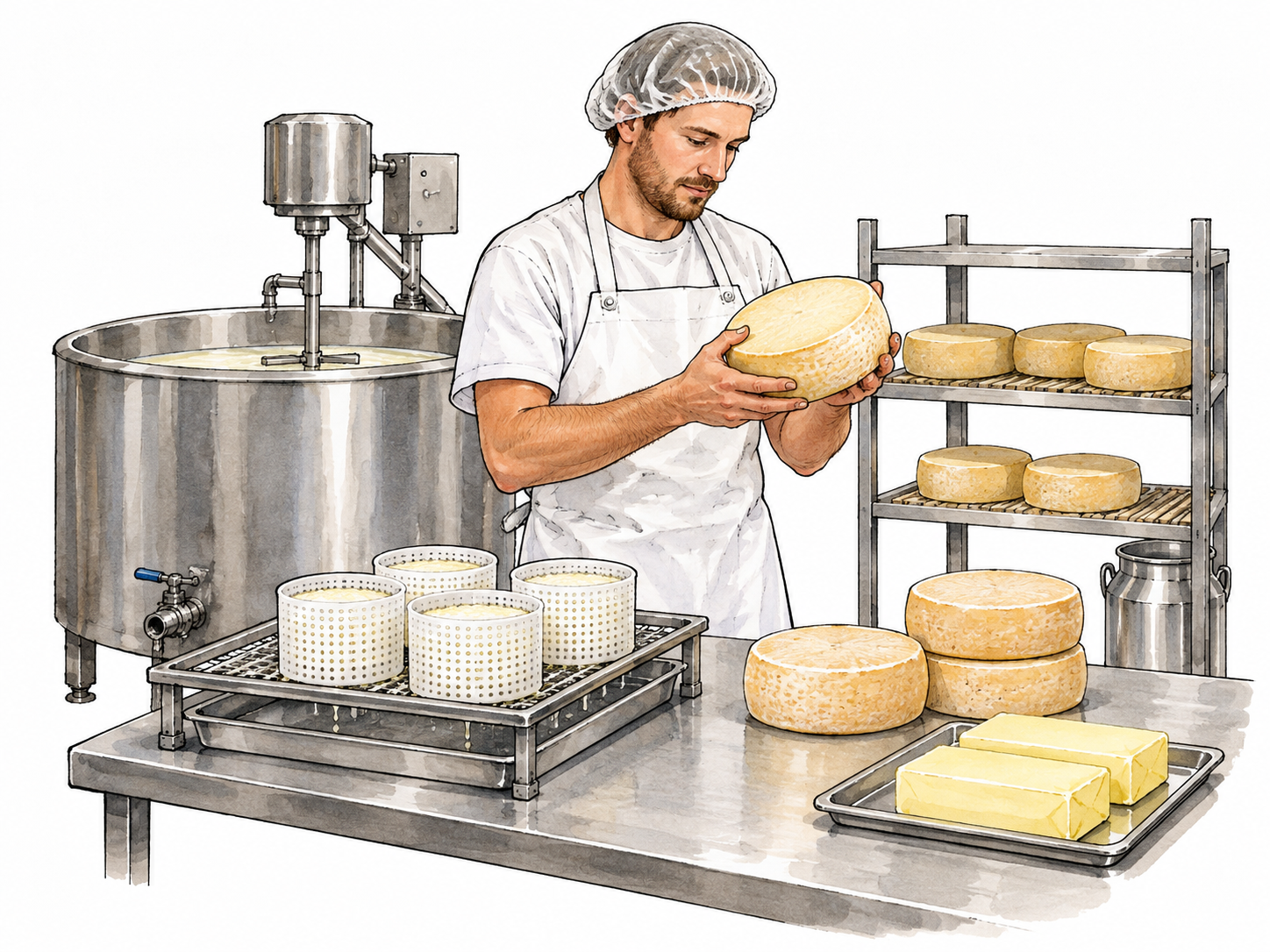 White male worker in dairy production workspace.