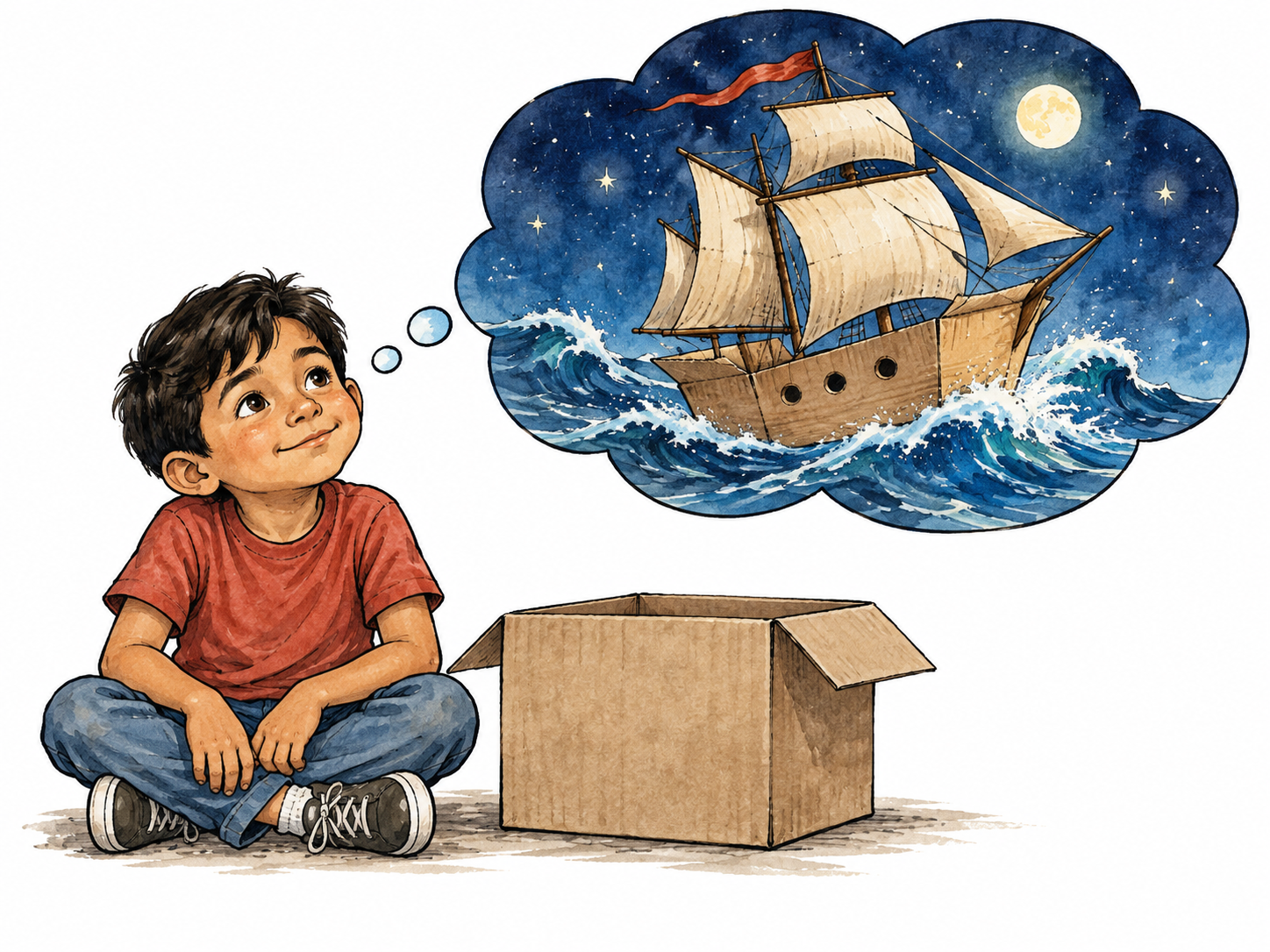 Latino boy mentally transforms cardboard box into ship.