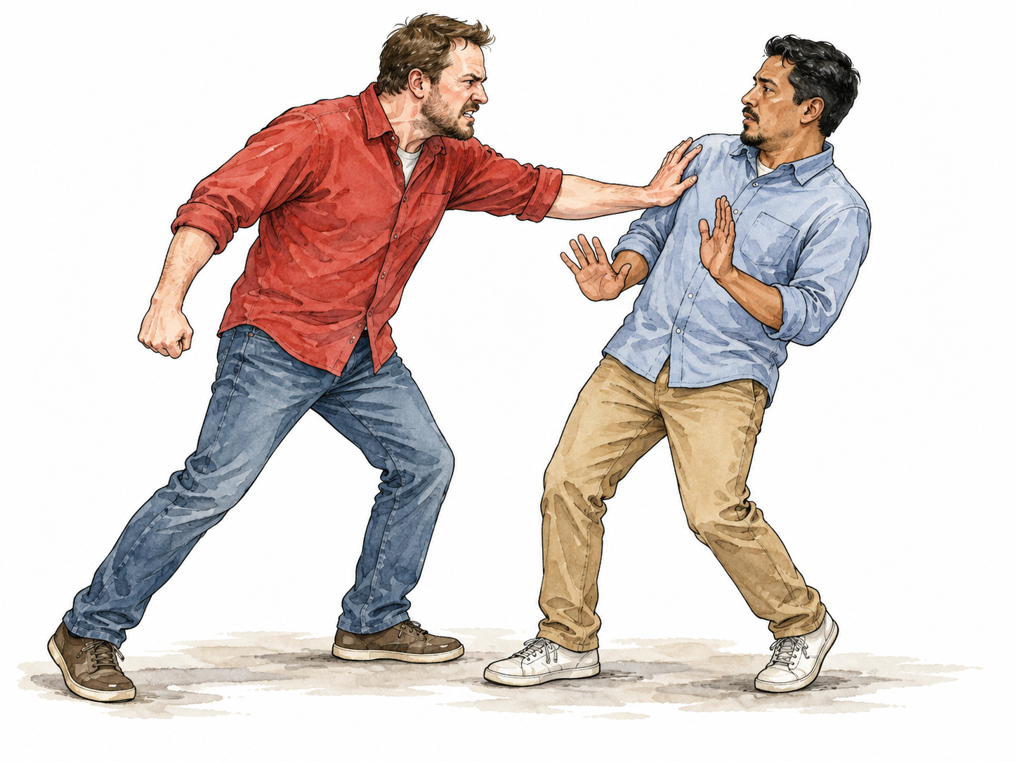 Man initiating a shove while the other retreats defensively.