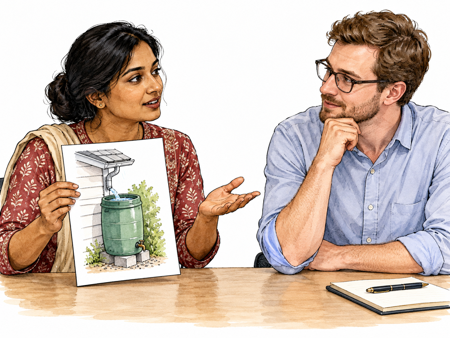 Woman discussing a specific rainwater collection idea with a colleague.
