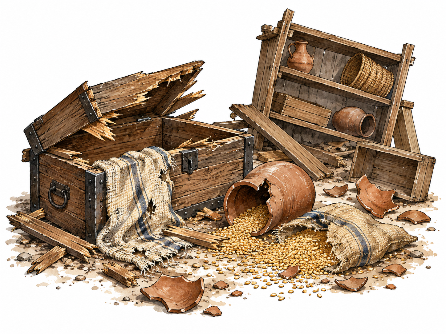 Ransacked storeroom after destructive plundering.