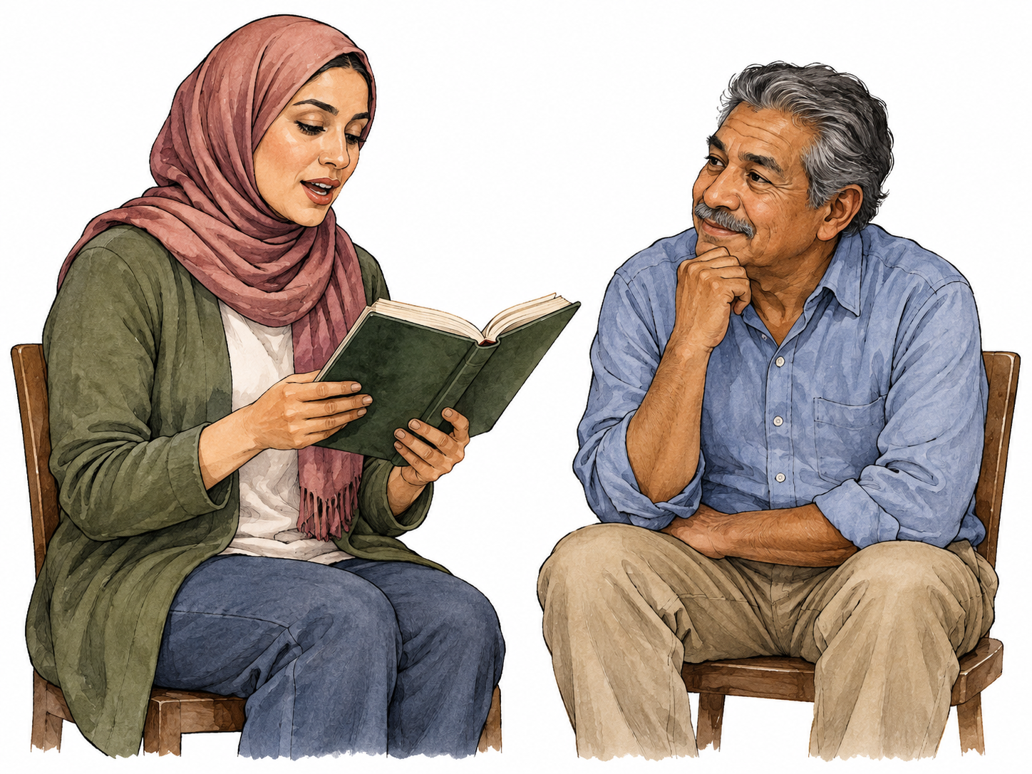 An adult reads a passage aloud from an open book to one seated listener.
