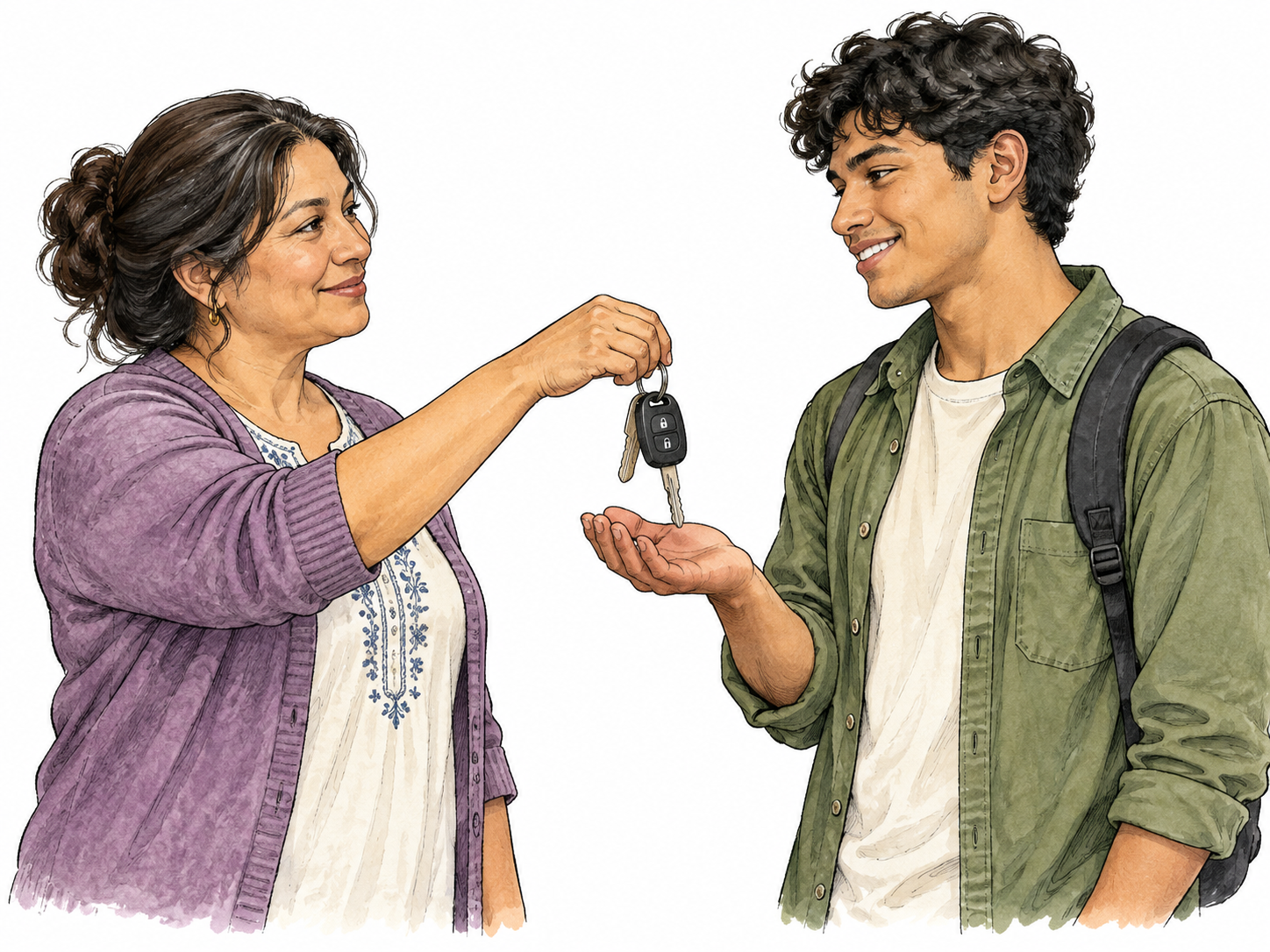 A parent hands car keys to a young adult who has asked to borrow the car.