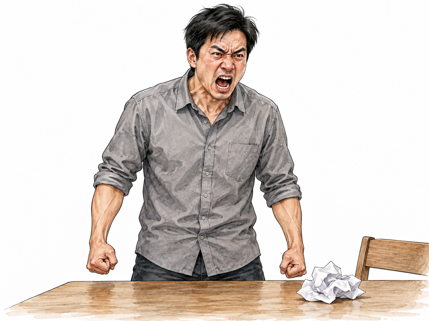 Overwhelming anger expressed through tense posture.