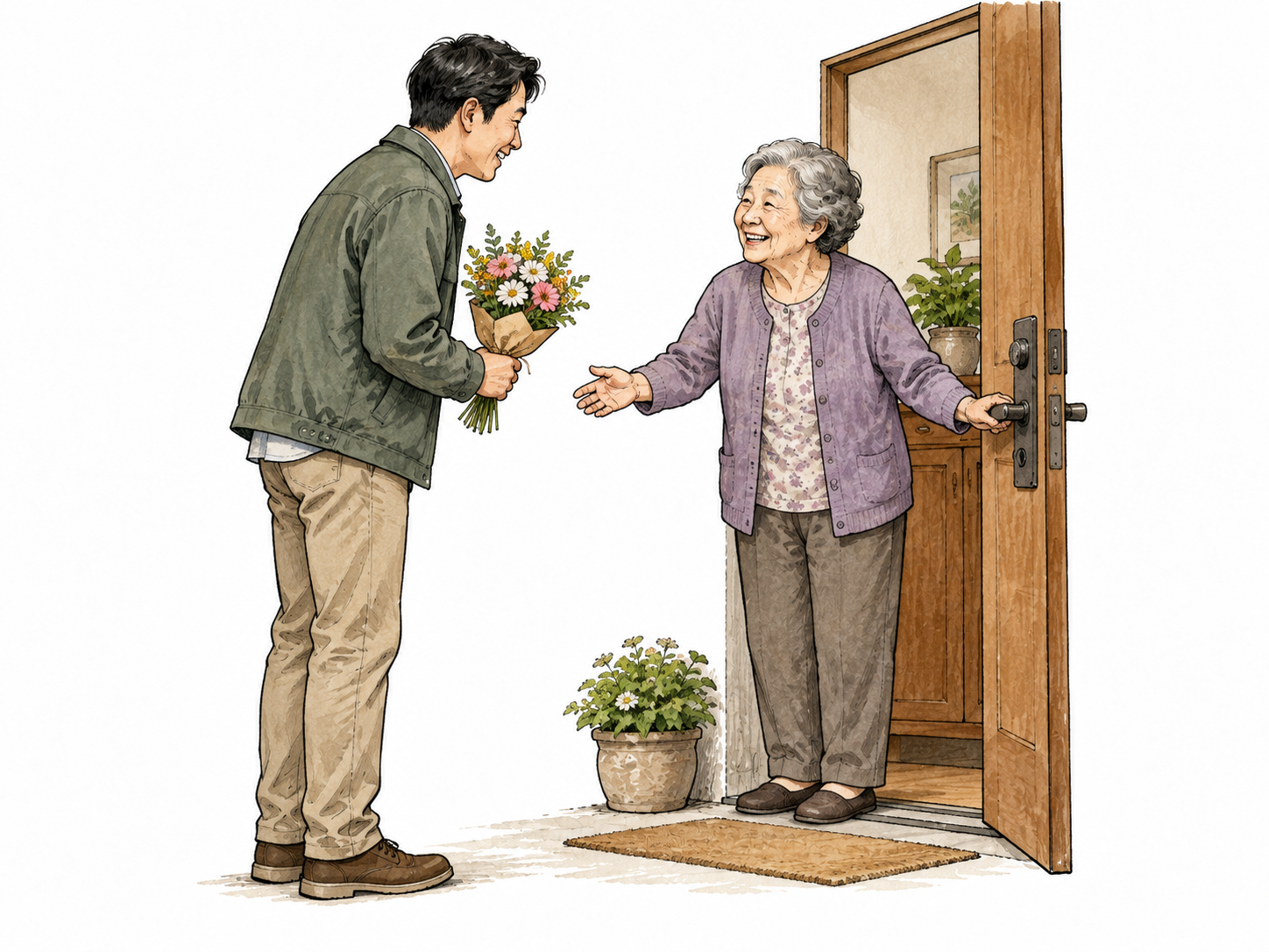 Man visits older woman at home.