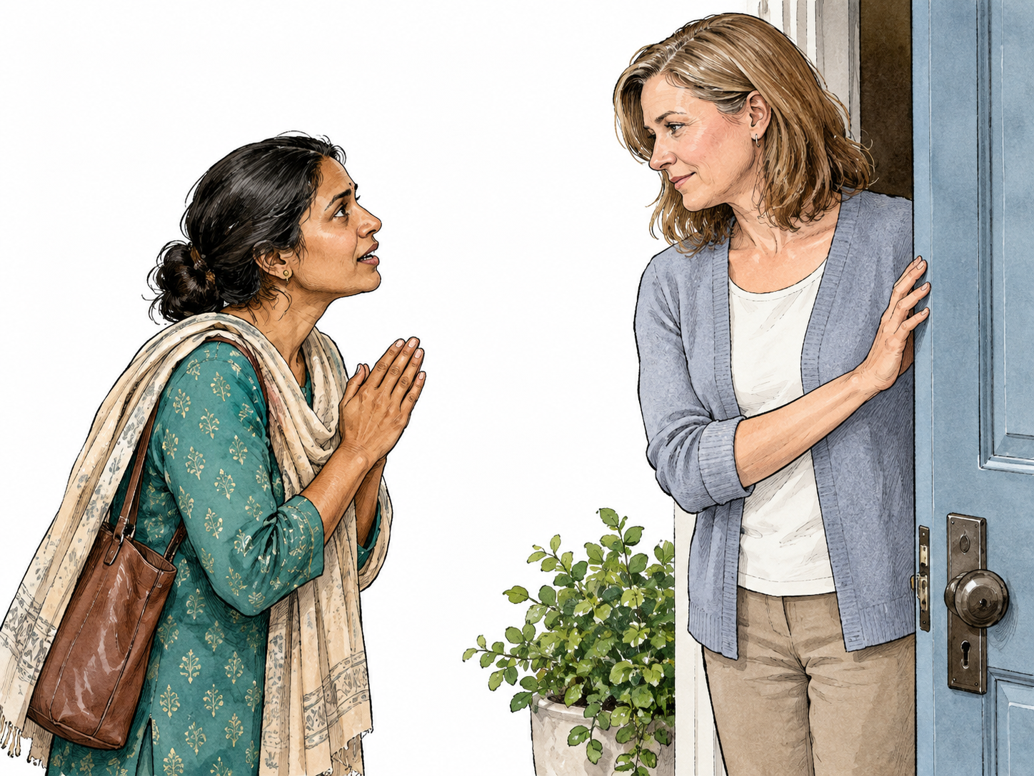 A person with clasped hands makes an earnest humble request to a listener at a doorway.