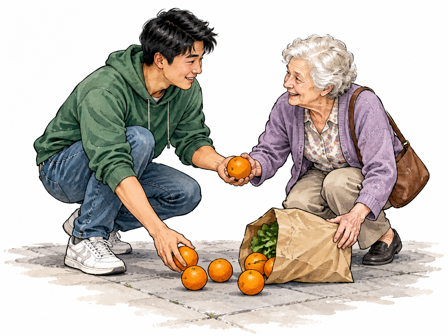 Helping with spilled groceries exemplifies kindness.