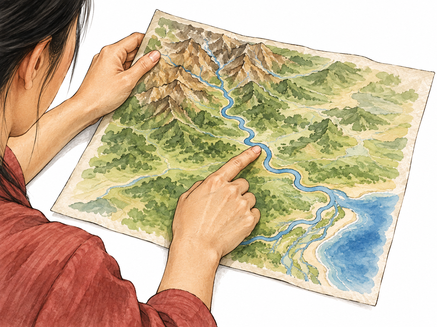 Woman tracing the course of a river on a map.