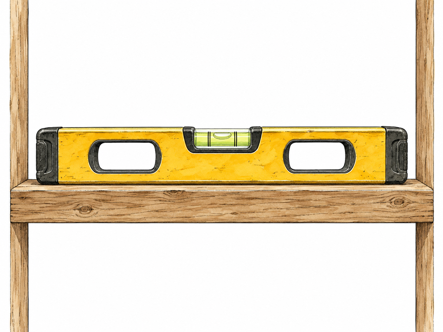 Level wooden shelf with a carpenter spirit level.