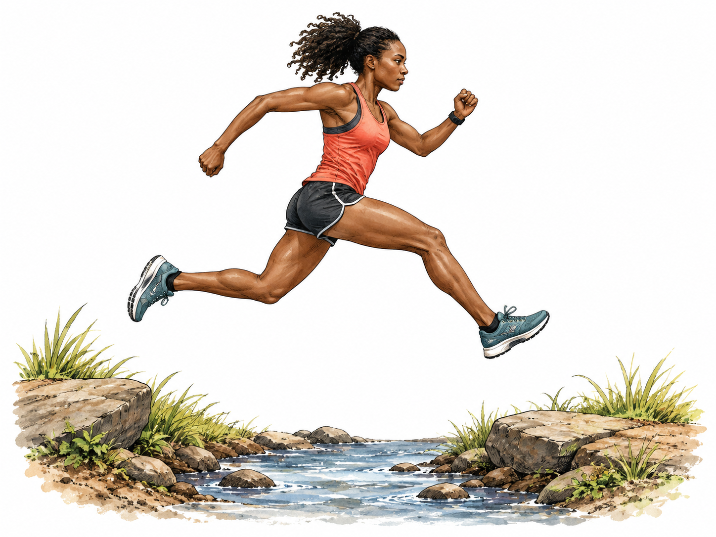 A runner leaps over a narrow stream, both feet clearly off ground.