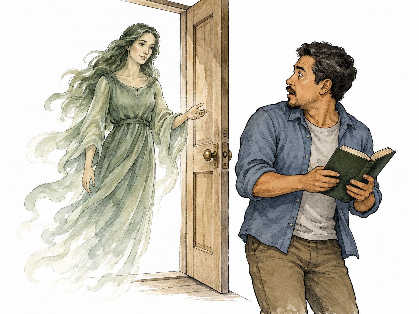 Unexpected supernatural visitant at doorway.