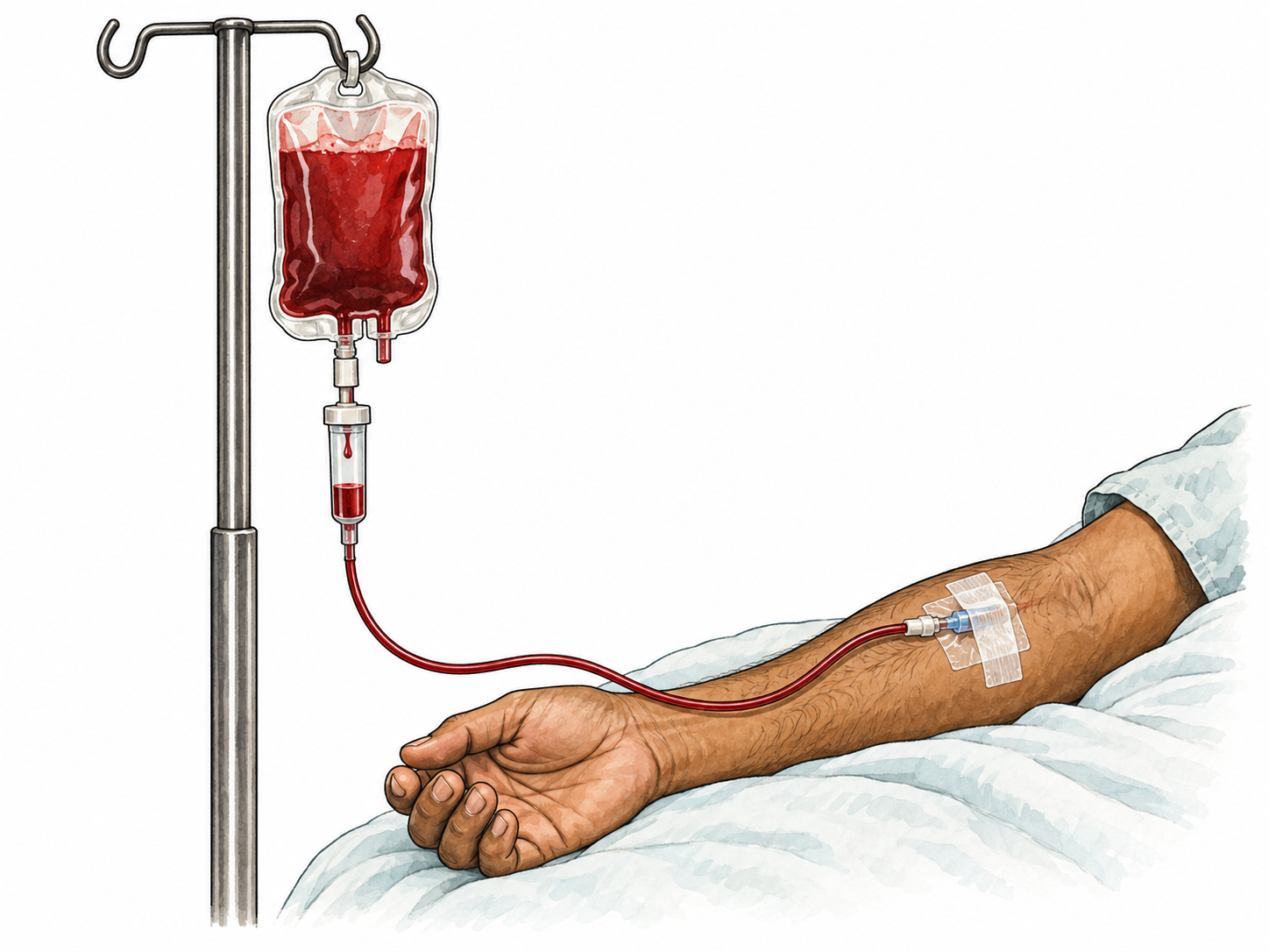 Blood bag connected to South Asian patient's taped IV.
