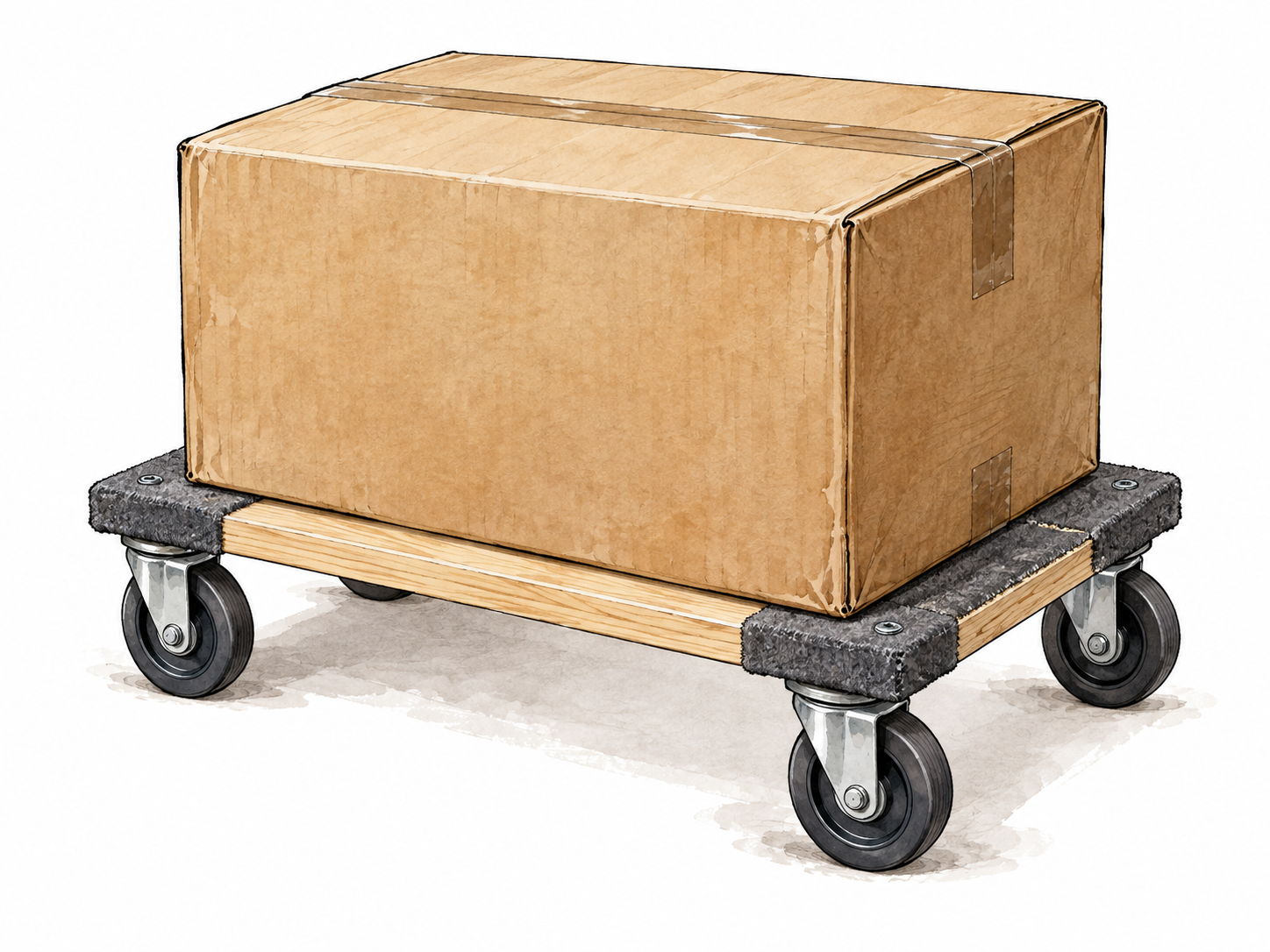 A sturdy four-wheeled furniture dolly supports a heavy cardboard box, all wheels connected plausibly.