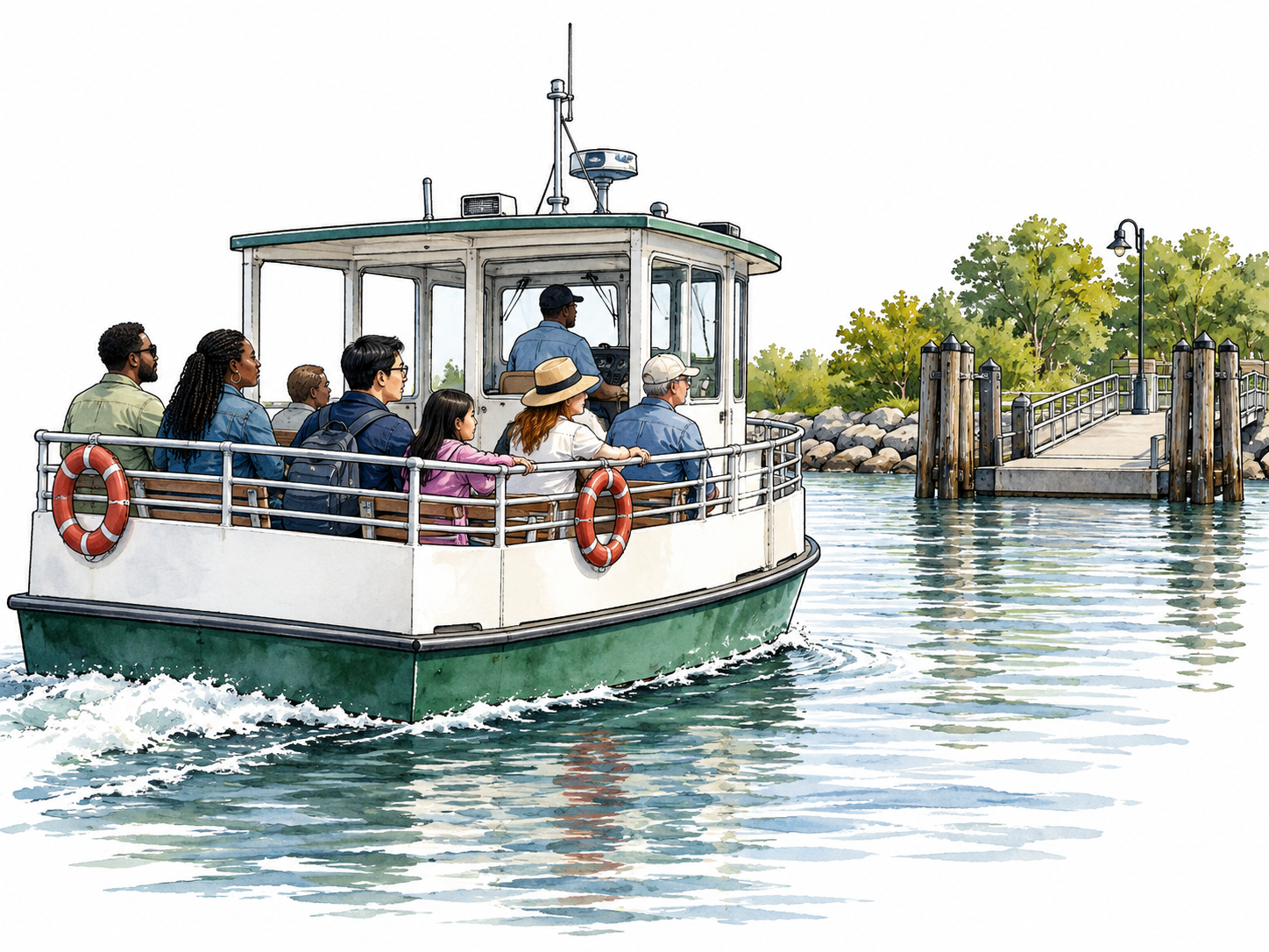 A small passenger ferry carries people across a calm river toward the opposite landing.