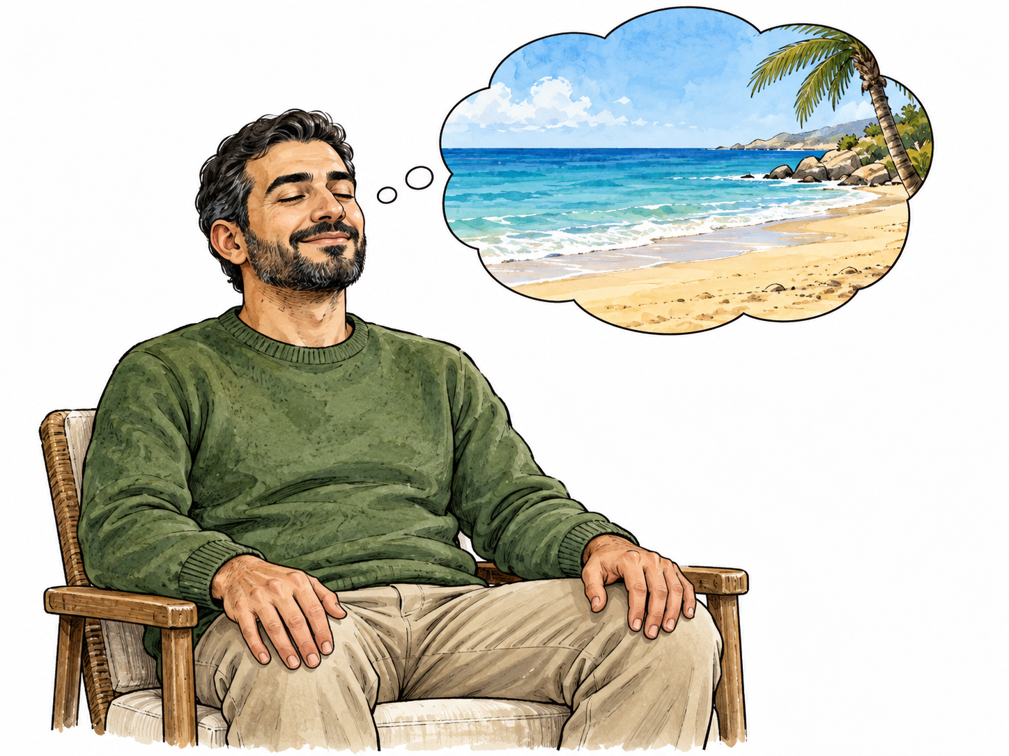 Middle Eastern man forms a mental beach picture.