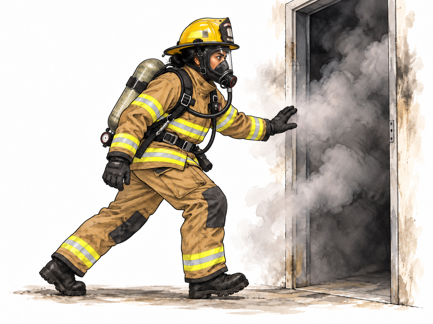 A firefighter with protective gear advances steadily toward a smoky doorway to help, no visible victim or fire injury.