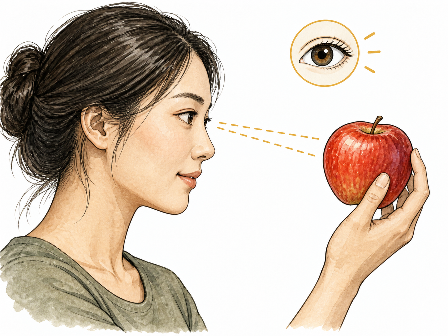 Woman sees a red apple.