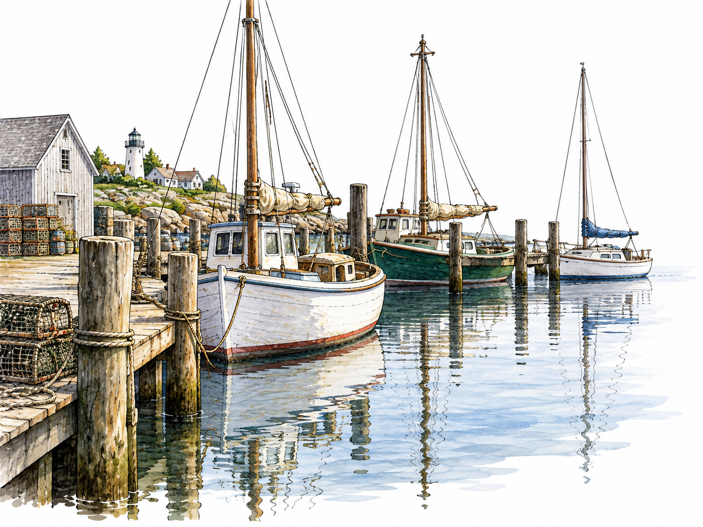 A normally busy harbor rests momentarily still, moored boats and furled sails, quiet between activity.
