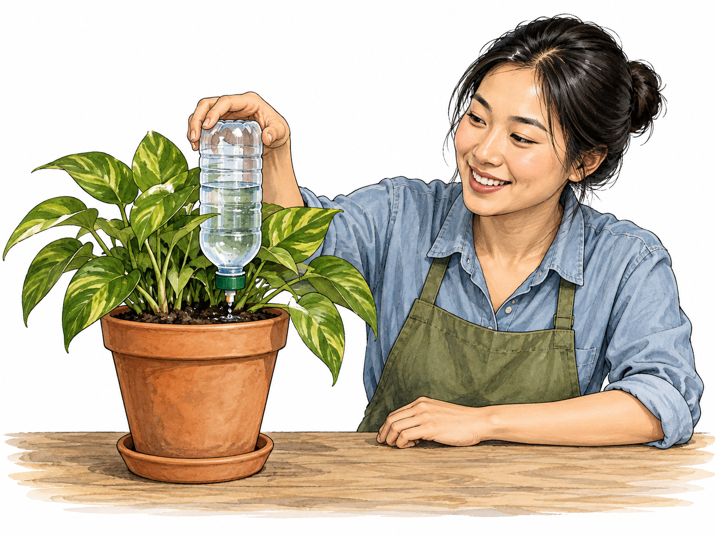 Inventive reuse of a bottle for controlled watering.